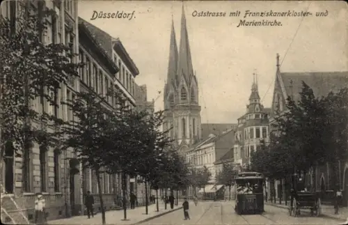 Ak Düsseldorf am Rhein,   Oststraße, Franziskanerkloster, Marienkirche, Straßenbahn