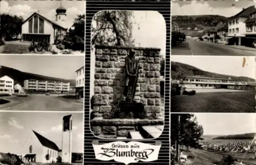 Ak Blumberg am Schwarzwald, Verschiedene Ansichten von  Statue, Gebäude, Straßenansicht