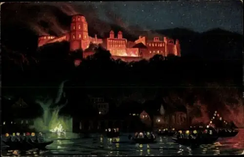 Ak Heidelberg am Neckar, Schlossbeleuchtung, nächtliche Szenerie, beleuchtetes Schloss, Boote auf