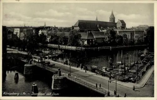 Ak Kaliningrad Königsberg Ostpreußen, Königsberg i Pr, Dominsel mit Dom, Hafen, Boote, Stadtansic