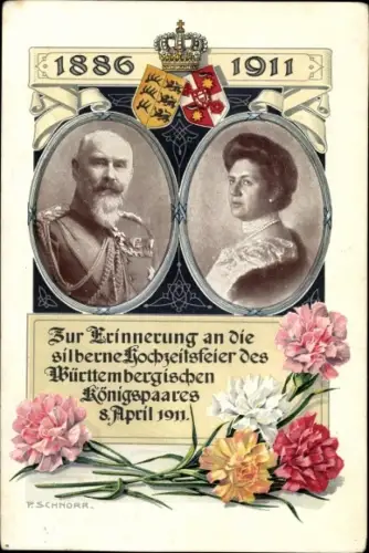 Künstler Ak Schnorr, König Wilhelm II v. Württemberg, Königin Charlotte, Silberhochzeit 1911, Wappen