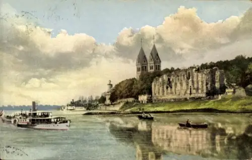 Ak Kaiserswerth Düsseldorf am Rhein, Kaiserswerth am Rhein, Schiffe, Ruine, Wolken