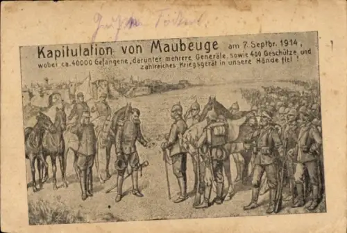 Künstler Ak Kapitulation von Maubeuge 7. Sept. 1914, Kriegsgefangene, Kriegsbeute, 1. WK