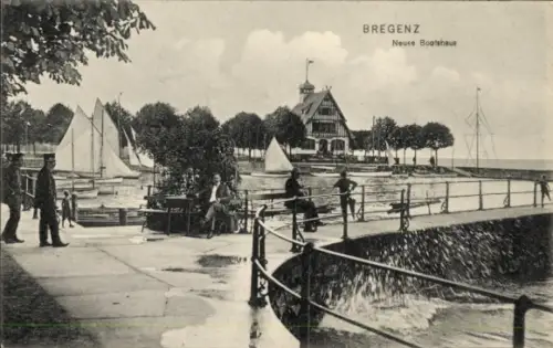 Ak Bregenz in Vorarlberg, Neues Bootshaus, Hafen, Segelboote
