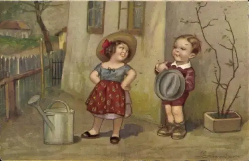 Künstler Ak Colombo, E., Kinder, Gießkanne