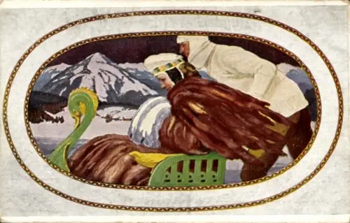 Jugendstil Künstler Ak Münzer, Ad., Im Winterdress, Mann schiebt Frau in einem Schlitten