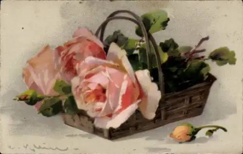 Künstler Ak Klein, Catharina, Blühende Rosen, Korb