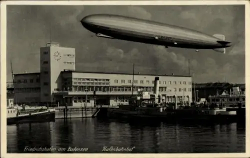 Ak Friedrichshafen am Bodensee, LZ 127 Graf Zeppelin, Gaststätte Hafenbahnhof, Dampfer Lindau