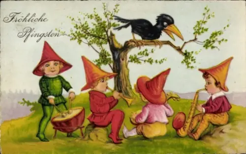 Ak Glückwunsch Pfingsten, Musizierende Kinder, Rabe