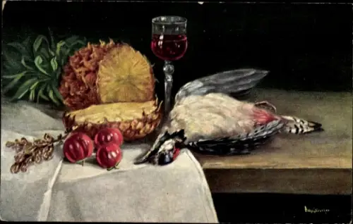 Ak Früchte, Ananas, Weinglas, Jagdbeute