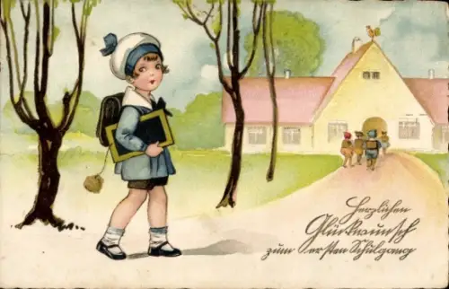 Ak Glückwunsch Schulanfang, Mädchen mit Schulranzen