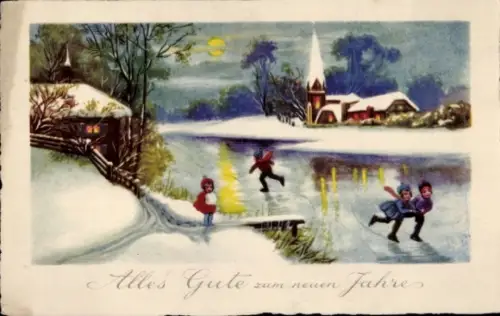 Ak Glückwunsch Neujahr, Kinder beim Eislaufen