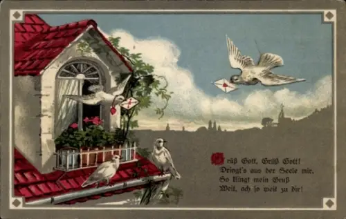 Ak Weiße Brieftauben, Liebesbriefe, Gedicht