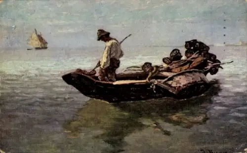 Künstler Ak Mann im Ruderboot, Transport