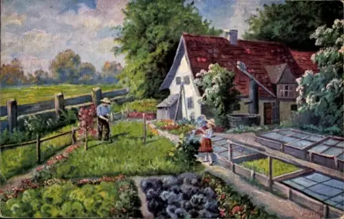 Künstler Ak Menschen im Garten, Gartenpflege, Blume, Wohnhaus