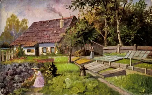 Künstler Ak Morell, Gemüseanbau im Garten, Wohnhaus