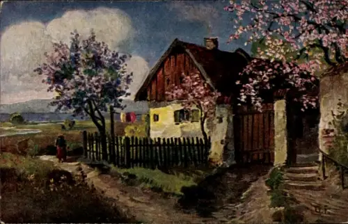 Künstler Ak Wohnhaus, Zaun, Blühende Bäume