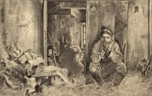 Künstler Ak Moige, H., Soldaten in einem Unterstand, Soldatenleben, I. WK