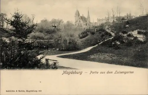 Ak Magdeburg an der Elbe, Luisengarten, sanfte Hügel, Bäume, Wege, historische Gebäude