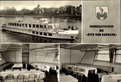Ak Magdeburg an der Elbe, Fahrgastschiff MS Otto von Guericke, Innenansicht, Außenansicht