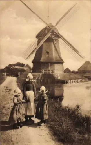 Ak Edam Volendam Nordholland Niederlande, Molenzicht, Mädchen, niederländische Tracht, Windmühle
