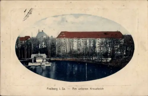 Ak Freiberg in Sachsen, Freiberg i. Sa., Am unteren Kreuzteich, Wasser, Bäume, Gebäude