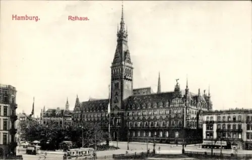 Ak Hamburg, Rathaus, Platz, Straßenbahn