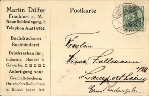Ak Frankfurt am Main, Buchdruckerei, Buchbinderei, Adresse, Telefonnummer, 