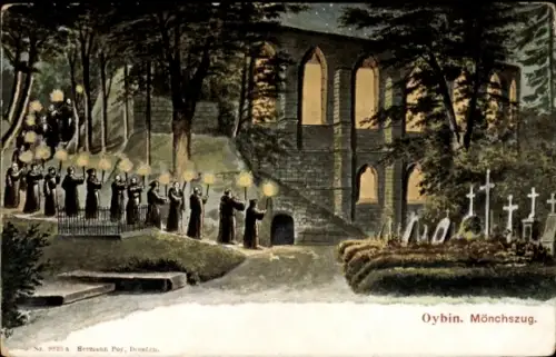 Ak Oybin in der Oberlausitz, Mönche mit Fackeln, Ruine, Friedhof, Nachtaufnahme