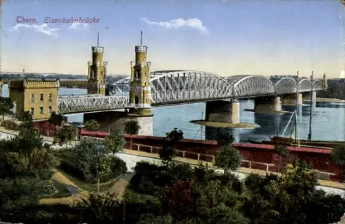 Ak Toruń Thorn Westpreußen, Eisenbahnbrücke, Fluss, Bäume, Gebäude, 