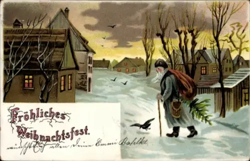 Litho Frohe Weihnachten, Weihnachtsmann mit Tannenbaum in einem verschneiten Dorf