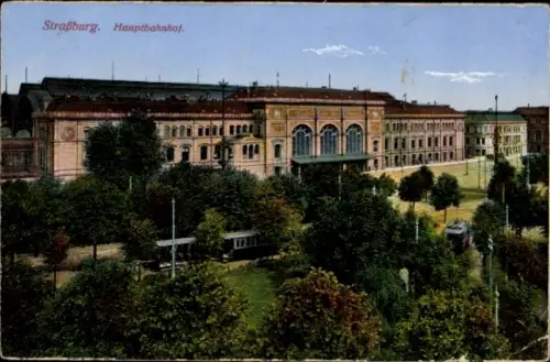 Ak Strasbourg Straßburg Elsass Bas Rhin,  Hauptbahnhof, Bäume, Straßenansicht