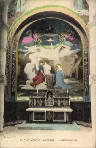 Ak Lourdes Hautes Pyrénées, Mosaik von  Ankündigung, Engel, Altar
