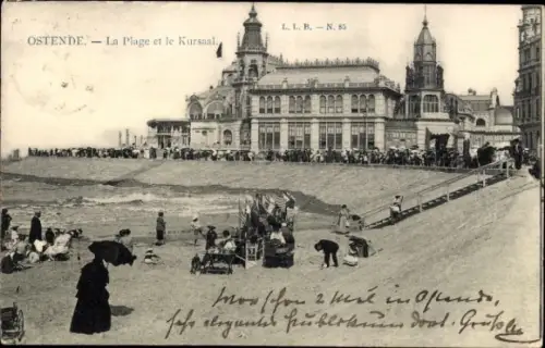 Ak Oostende Ostende Westflandern,  Strand, Kursaal, Menschen, Flaggen, 1905