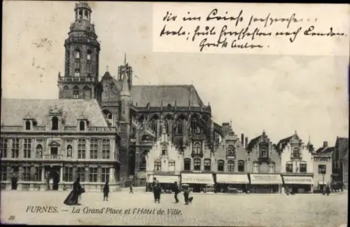 Ak Furnes Veurne Westflandern, Schwarz-Weiß-Bild, Grand' Place, Hôtel de Ville, Café Frances, Tex