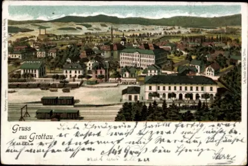 Ak Hrádek nad Nisou Grottau Region Reichenberg, Stadtansicht, Bahnhof