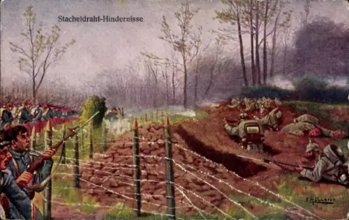 Künstler Ak Höllerer, F., Stacheldraht-Hindernisse, Schlacht