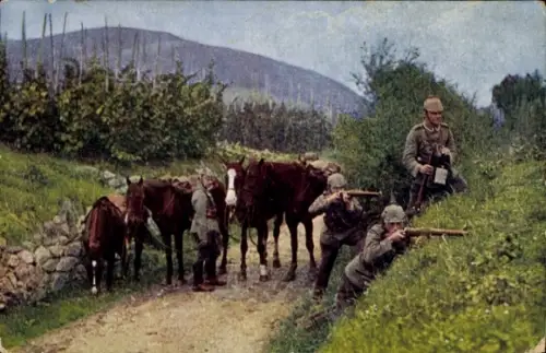 Ak Kavallerie Abteilung stößt auf den Feind, Deutsche Soldaten, Gewehre, Pferde, I. WK