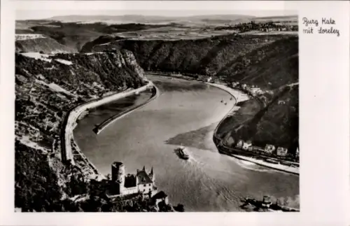 Ak Bacharach am Rhein, Burg Hate, Loreley, Rhein, Flusslandschaft, Schwarz-Weiß-Foto