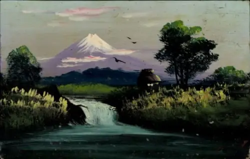 Ak Japan, Bergspitze, Fluss, Bäume