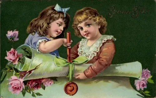 Ak Glückwunsch, Zwei Mädchen, Rosen, Blumen