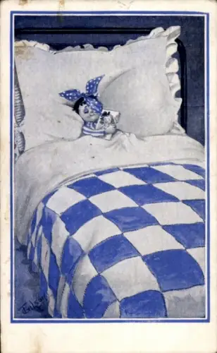 Künstler Ak Mädchen im Bett, Puppe
