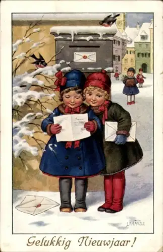 Künstler Ak Kränzle, J., Fröhliches Neujahr, Zwei Mädchen lesen einen Brief, Postbriefkasten