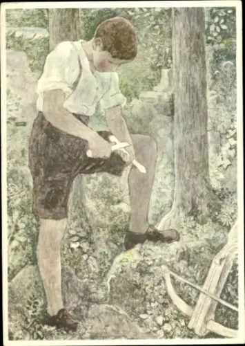 Künstler Ak Surbek, V., Junge beim Pfeil schnitzen im Wald, Soldatenweihnacht 1943