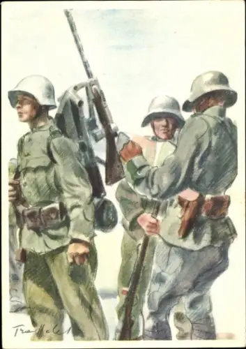 Künstler Ak Schweizer Armee, Lafettiertes LMG, Soldaten