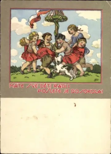 Künstler Ak Fischerove-Kvechove, M., Kinder tanzen um einen Maibaum herum