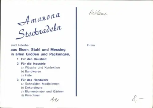 Ak Werbung, Amazona Stecknadeln, August Theodor Geck, Iserlohn