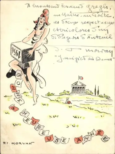 Künstler Ak Morvan, Glückwunsch Neujahr, Frau mit Box voller Zettel