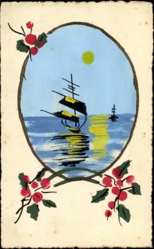 Handgemalt Ak Segelboot, Mondlicht