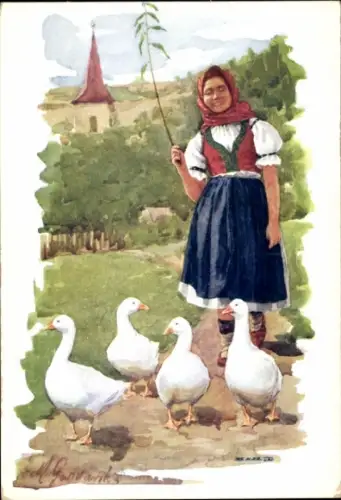 Künstler Ak Junge Frau in tschechischer Tracht, Gänse